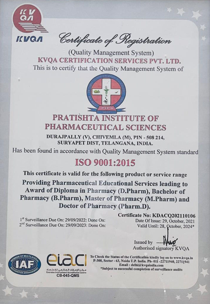 ISO 9001 certificate of Pratishta Institute of Pharmaceutical Sciences
