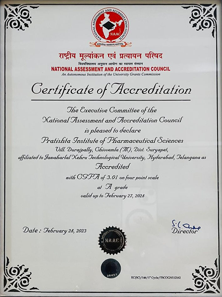NAAC accreditation certificate of Pratishta Institute of Pharmaceutical Sciences